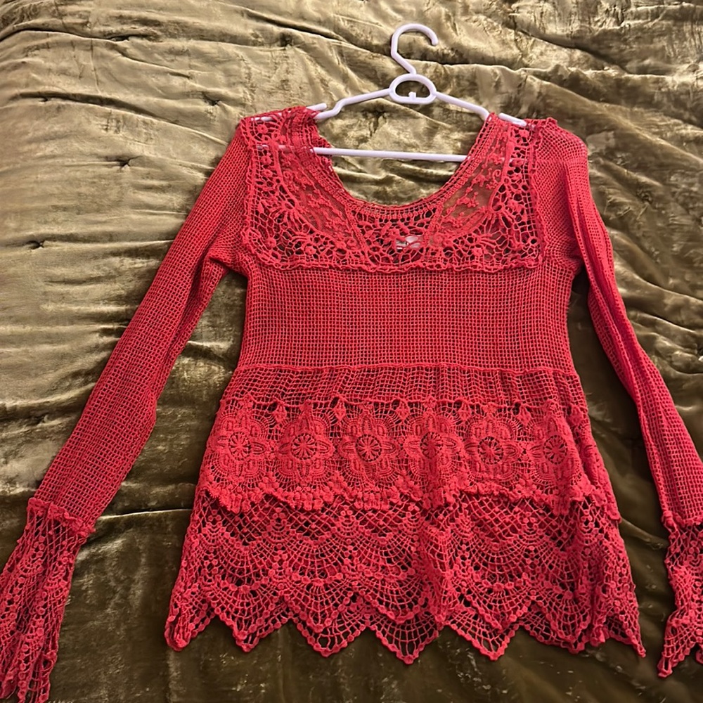 Ornate Orange Lace top with low back and tie (S)